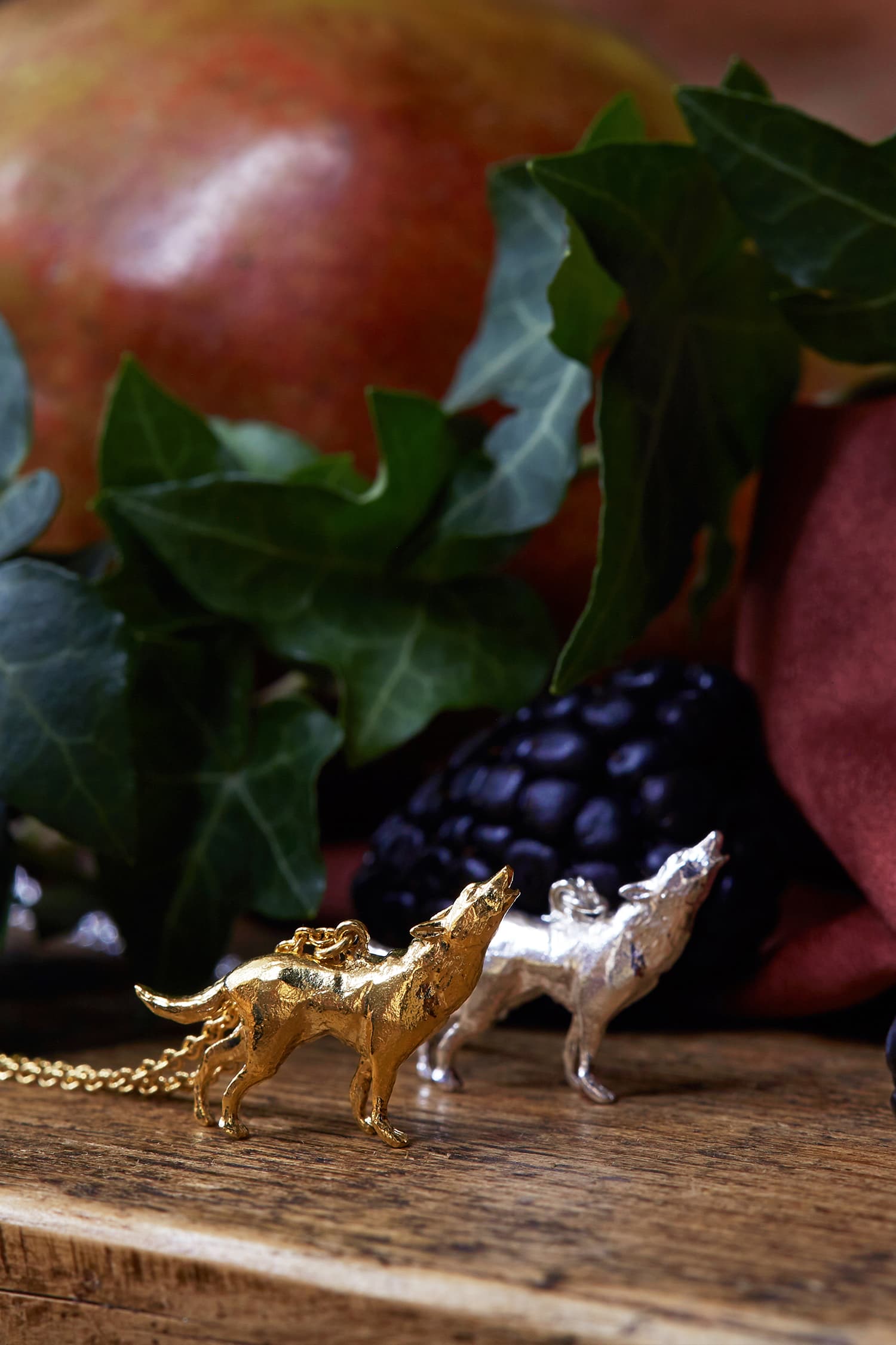 Howling Wolf Necklace in Gold Plate and Silver with Blackberries and Ivy leaves