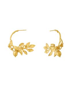 Gold Plate Lemon Blossom Branch Hoop Earrings with Hanging Lemons Product Photo