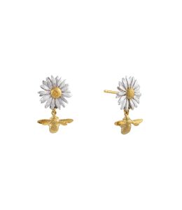 Silver & Gold Plate Daisy Stud Earrings with Teeny Tiny Bee Drops Product Photo
