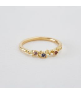 Coral Spray Ring with Three Bezel Set Lilac & Blue Sri Lankan Silky Sapphires