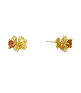 18ct Yellow Gold Heart Seed Flower Stud Earrings with Burnt Orange Sapphires Product Photo