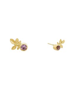 18ct Yellow Gold Stud Earrings With Dog Rose Leaves and Bezel Set 4mm Madagascan Sapphires Product Photo