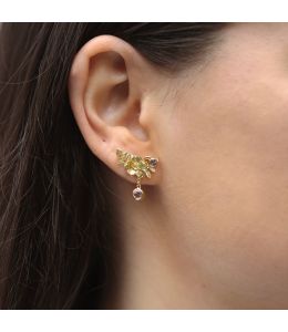 Crawler Drop Earrings with Dog Rose Flowers and Leaves With Bezel Set Rose Sapphires 