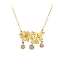 In-line Necklace With Dog Roses and Leaves with 3 Bezel Set Sapphires | 18ct Yellow Gold