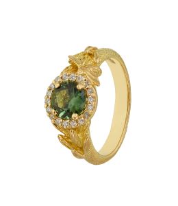 Bee and Fennel Seed Green Sapphire and Diamond Halo Ring