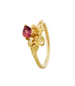 Tropical Hibiscus & Monstera Leaf Ring with Pink - Orange Sapphire Product Photo