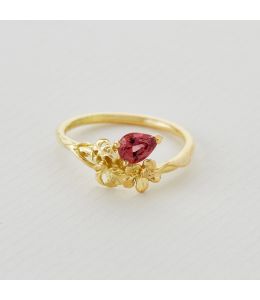 Tropical Hibiscus & Monstera Leaf Ring with Pink - Orange Sapphire