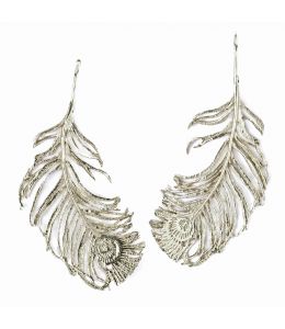 Silver Peacock Feather Hook Earrings on Paper