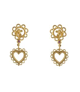 Gold Plate Lace Edged Heart Drop Earrings with Pink Sapphires Product Photo