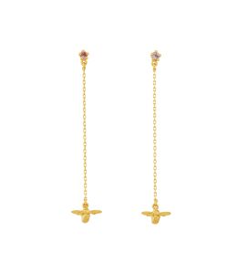 18ct Yellow Gold Rosa Pink Sapphire Stud Earrings with Fine Chain Bee Drops Product Photo