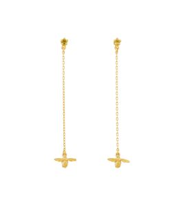 18ct Yellow Gold Canary Sapphire Stud Earrings with Fine Chain Bee Drops Product Photo