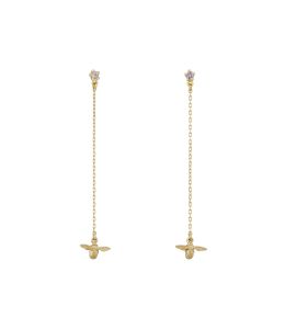 18ct Yellow Gold Baby Pink Sapphire Stud Earrings with Fine Chain Bee Drops Product Photo