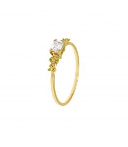18ct Yellow Gold Fine Ring with 0.25ct Emerald Cut Diamond & Floral Details Product Photo