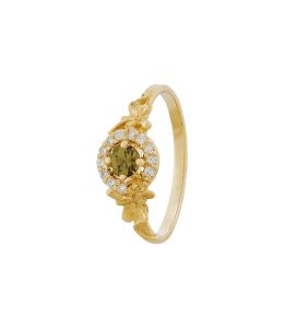 18ct Yellow Gold Small Spring Halo Ring with Responsibly Sourced 0.33ct Olive Green Sapphire and Brilliant Cut Diamond Halo Product Photo