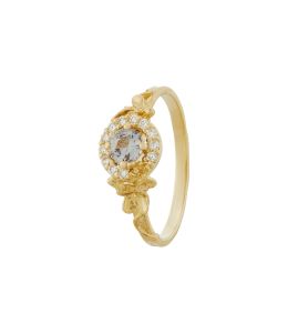18ct Yellow Gold Small Spring Halo Ring with Responsibly Sourced 0.33ct Icy Teal Sapphire and Brilliant Cut Diamond Halo Product Photo