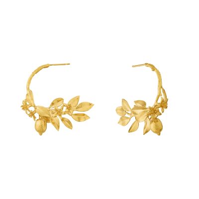 Lemon Blossom Branch Hoop Earrings with Hanging Lemons Product Photo