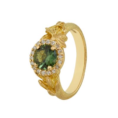 Bee and Fennel Seed Green Sapphire and Diamond Halo Ring