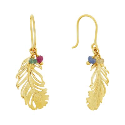 Peacock Feather Drop Earrings with Ruby