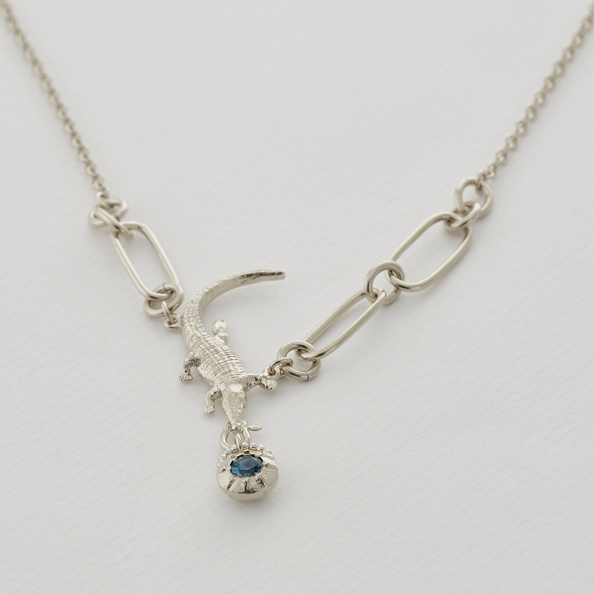 Crocodile Amulet Linked Chain Necklace with London Blue Topaz Crocodile Amulet Linked Chain Necklace with London Blue Topaz