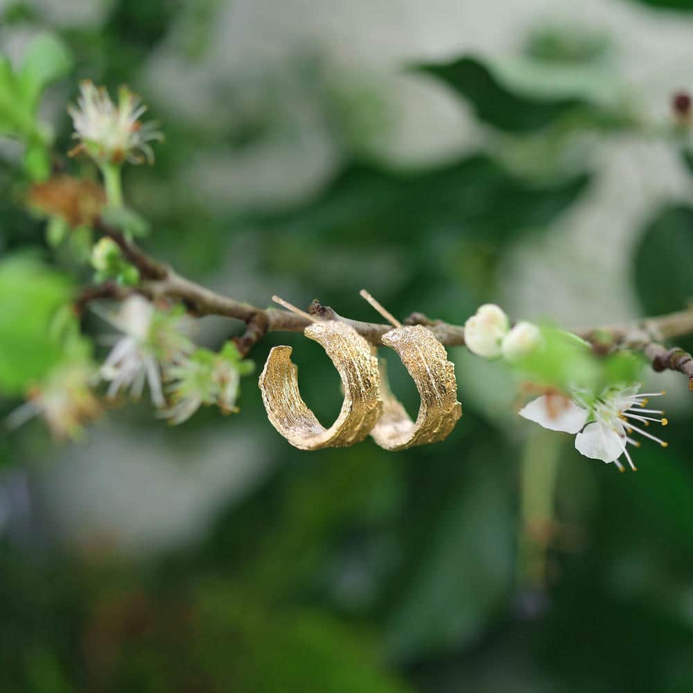 Wide Bark Hoop Earrings on a branch