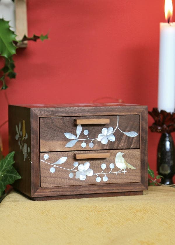 Blossoming Birds Handmade Jewellery Box with mother of pearl flower and bird motif details. 