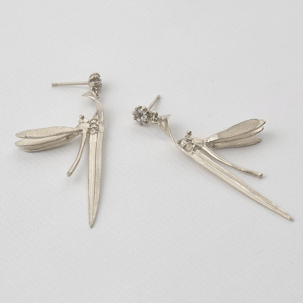 Paper shot of sterling silver Damsel Fly & Grassblade Green Amethyst Drop Earrings