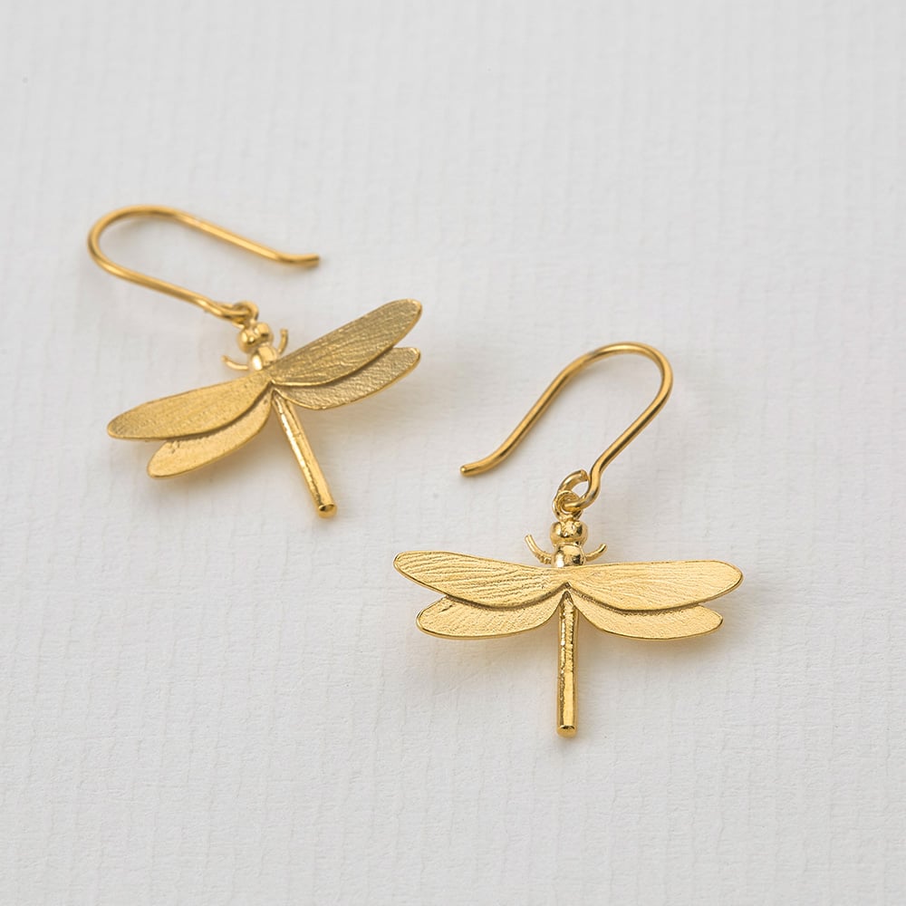 Paper shot gold plated Dragonfly Hook Earrings by Alex Monroe Jewellery