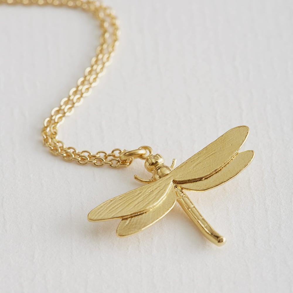 Paper shot of gold plated Dragonfly Necklace by Alex Monroe Jewellery