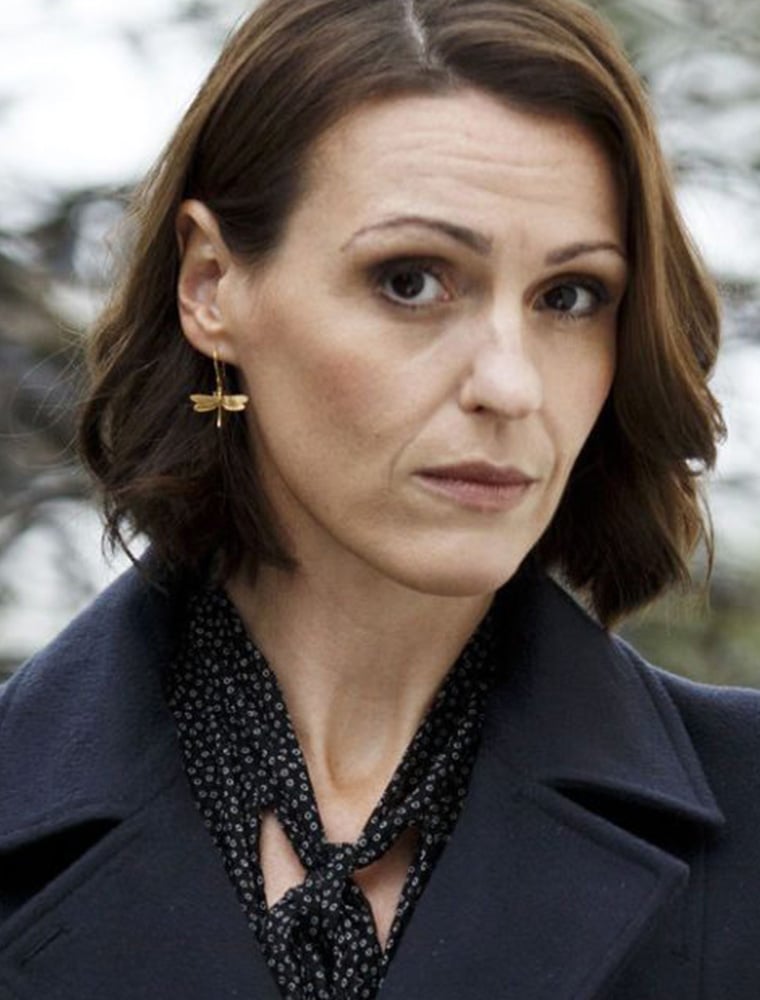 Suranne Jones wearing gold plated Dragonfly Hook Earrings by Alex Monroe Jewellery