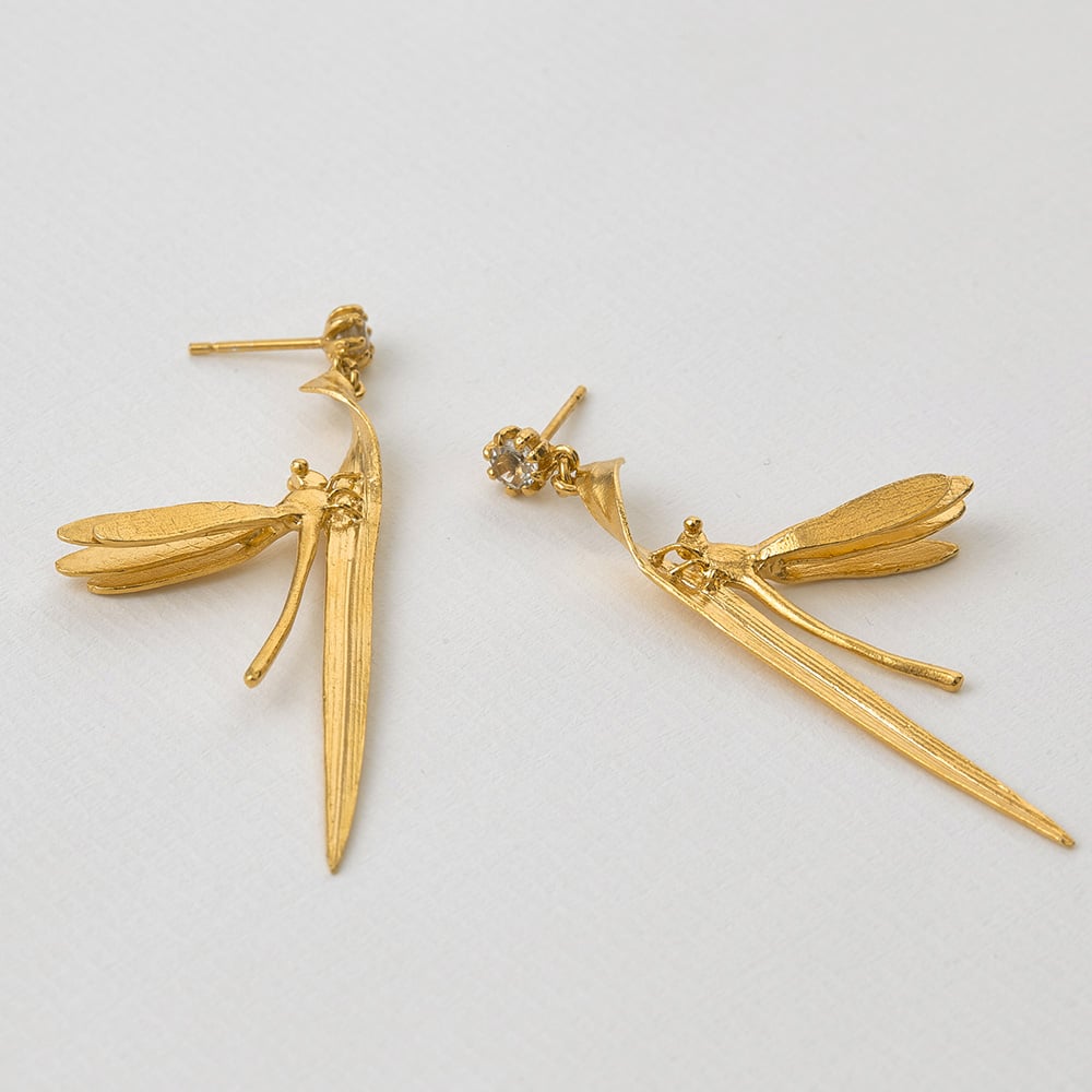 Paper shot of Damsel Fly & Grassblade Amethyst Earrings by Alex Monroe Jewellery