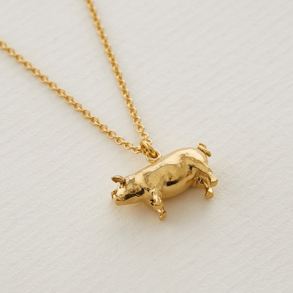 Paper shot of gold plated Suffolk Pig Necklace by Alex Monroe Fine Jewellery