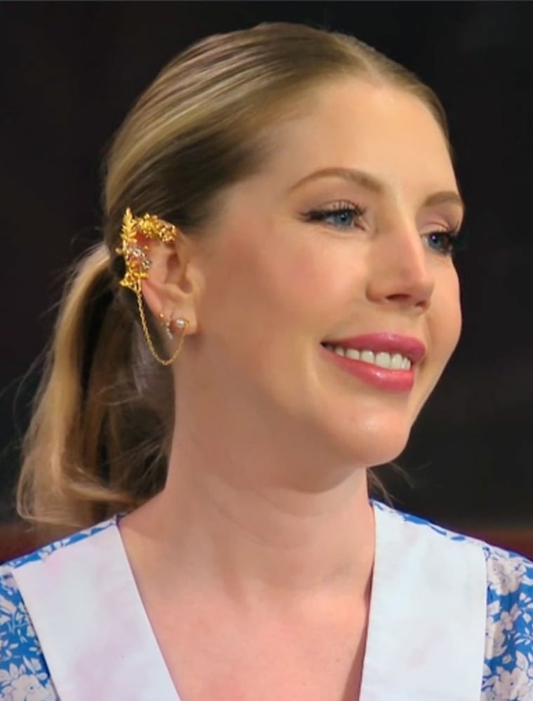 katherine ryan wearing woodland mixed metal garden ear cuff with chain linked stud by Alex Monroe jewellery