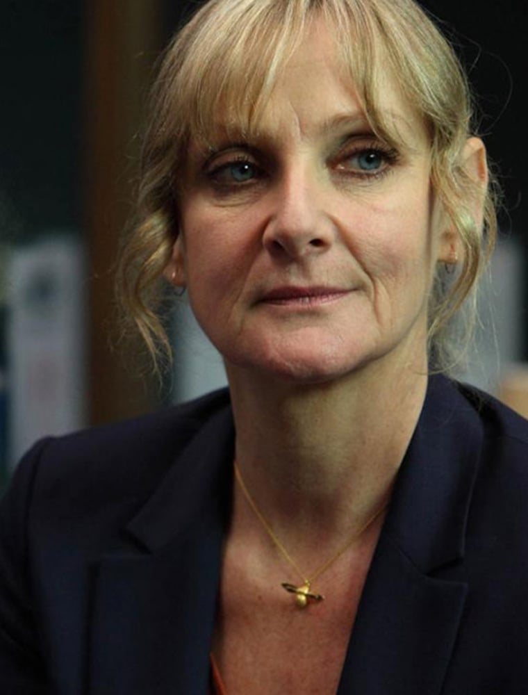 Lesley Sharp wearing gold plated Baby Bee Necklace by Alex Monroe Jewellery