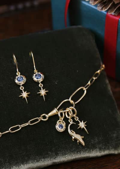 Blue Topaz Guiding Star Earrings and Crocodile Amulet Chain Bracelet Gift Set.