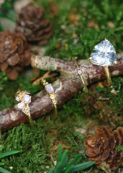 Four Stunning Engagement Rings Handmade from 18ct Yellow gold, with diamonds and Aquamarine gemstones.