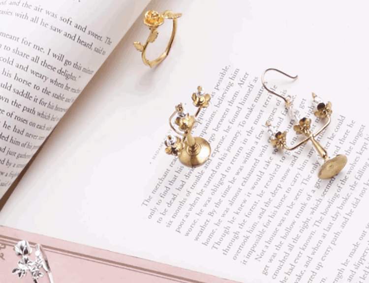 Disney Beauty and the Beast Lumiere candle stick earrings, single rose ring