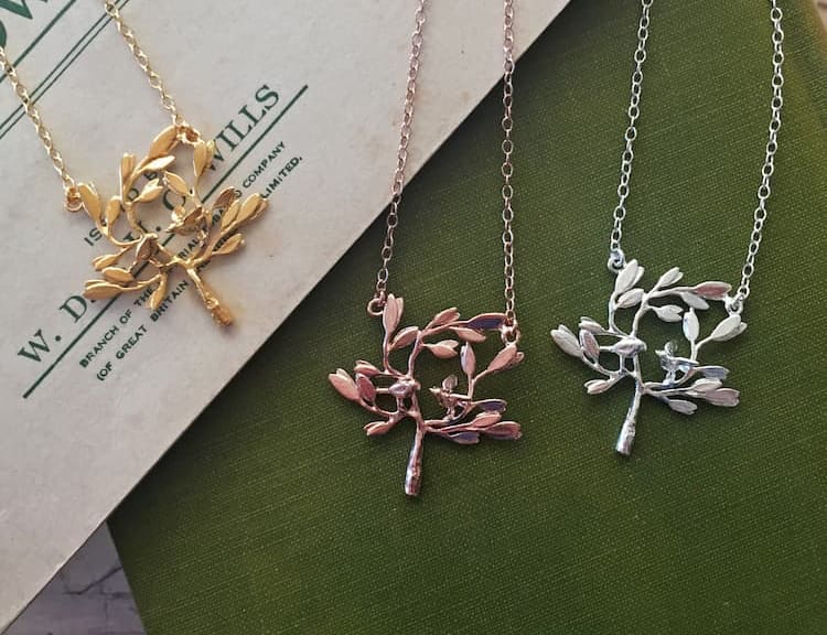 Haven Charity Tree necklace with small birds, in silver, gold plate and rose gold