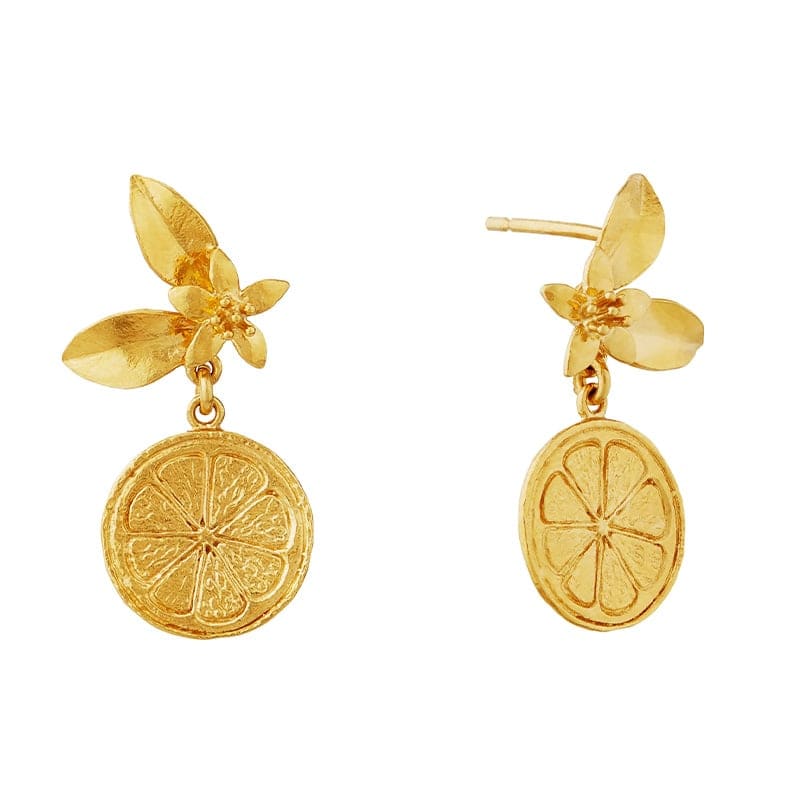 Product shot of gold plated Orange Blossom Stud Earrings with Orange Slice Drops by Alex Monroe Jewellery
