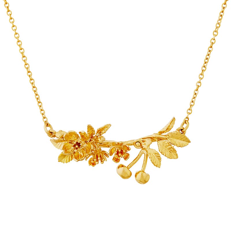 Product shot of gold plated Cherry Blossom Branch Necklace with Hanging Cherries by Alex Monroe Jewellery