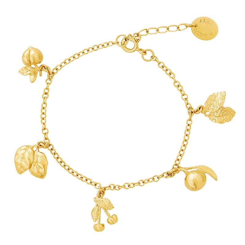 Product shot of gold plated Fruit Medley Charm Bracelet by Alex Monroe Jewellery
