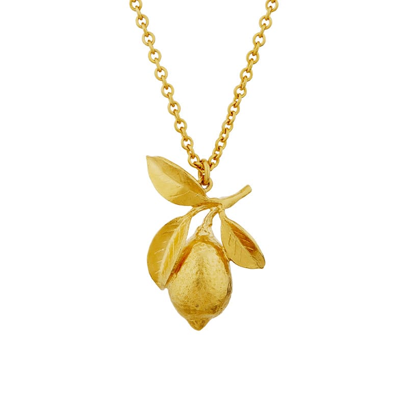 Product shot of gold plated Large Lemon & Leaf Necklace by Alex Monroe Jewellery