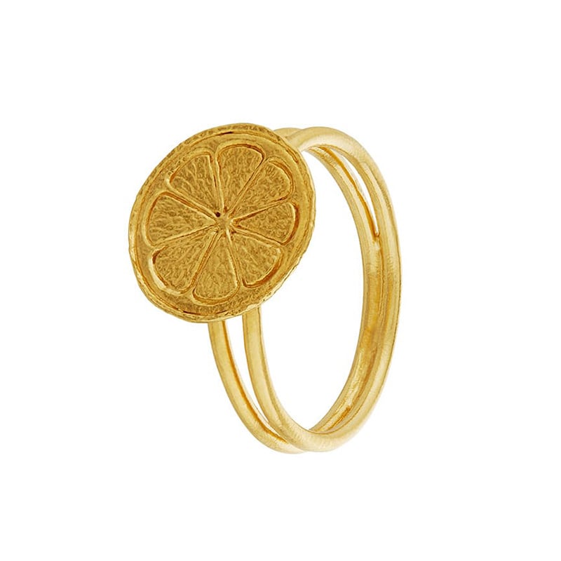 Product shot of gold plated Lemon Slice Double Band Ring by Alex Monroe Jewellery