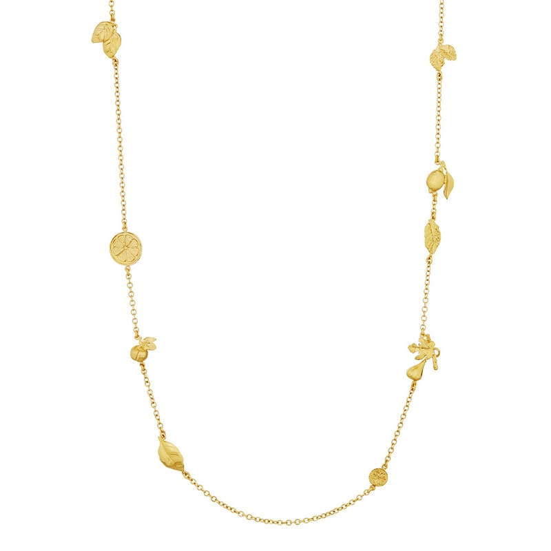Product shot of gold plated Longline Fruit Medley Station Necklace by Alex Monroe Jewellery