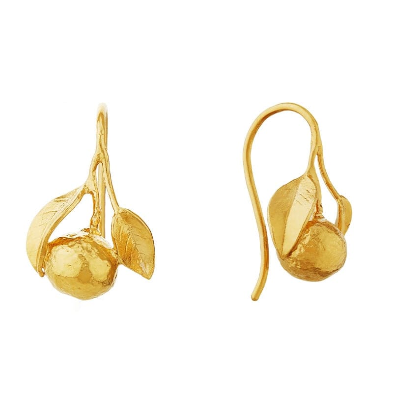 Product shot of gold plated Orange Hook Earrings by Alex Monroe Jewellery
