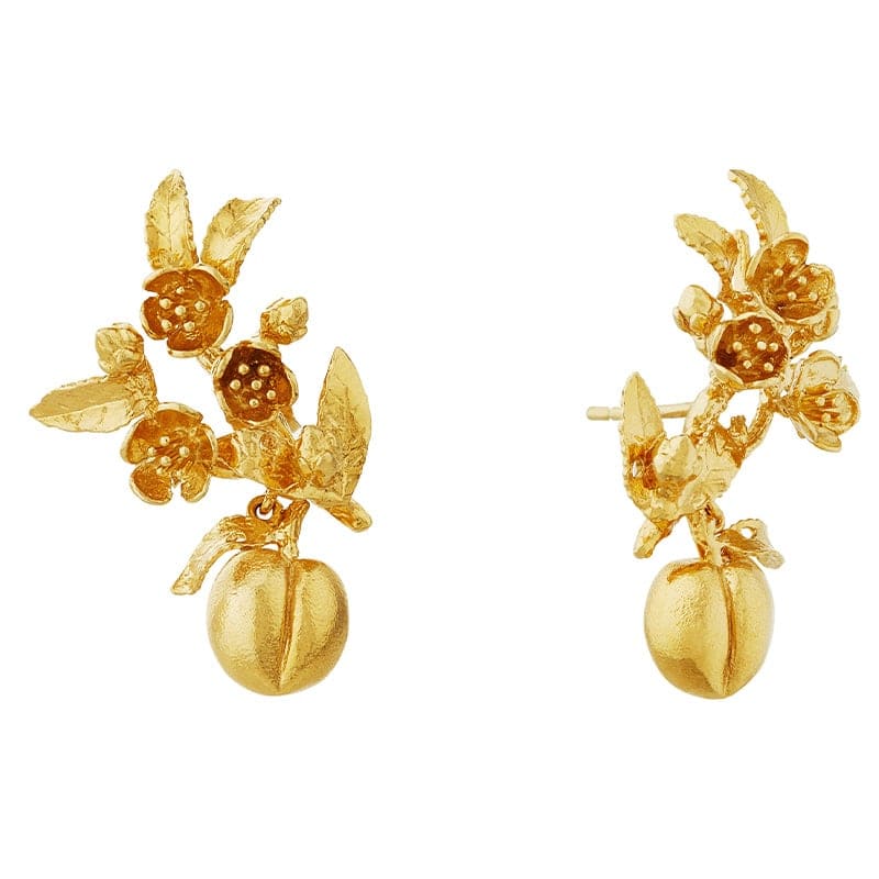 Product shot of gold plated Peach Blossom Branch Climber Earrings with Hanging Peaches by Alex Monroe Jewellery