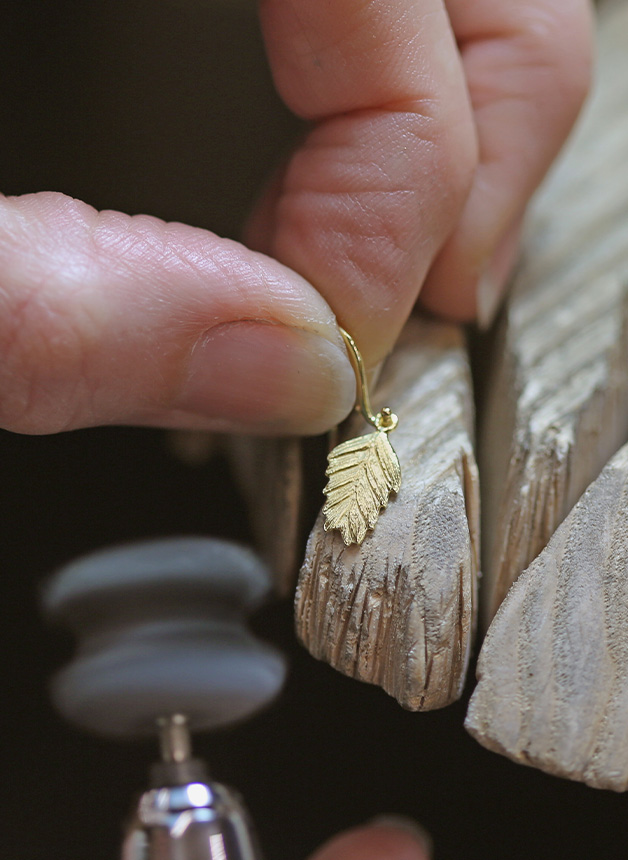 Workshop image of Woodland Grass Hook Drop Earrings being Handmade in England