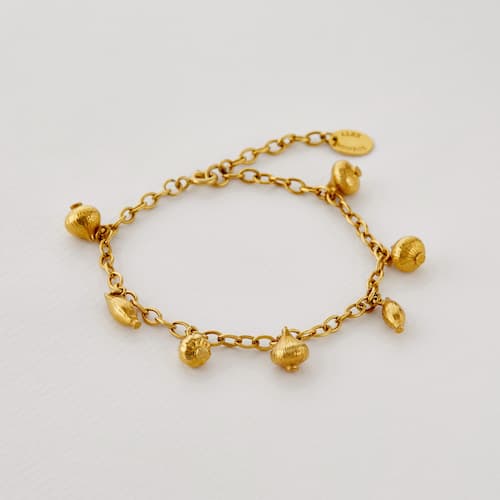 paper shot of gold plated Know Your Onions Charm Bracelet by Alex Monroe Jewellery