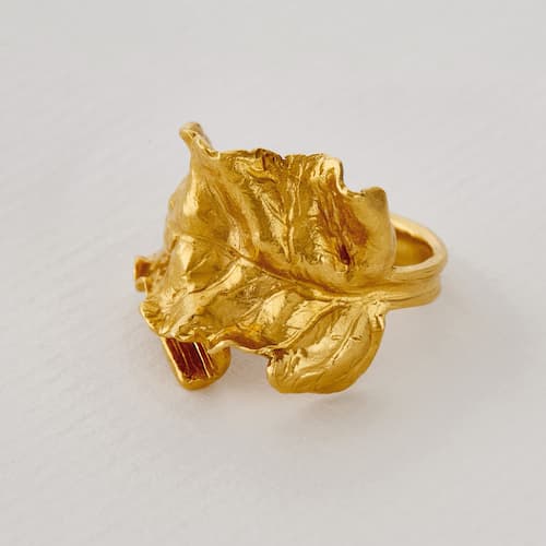 paper shot of a gold plated Wrapped Chard Leaf Ring by Alex Monroe Jewellery
