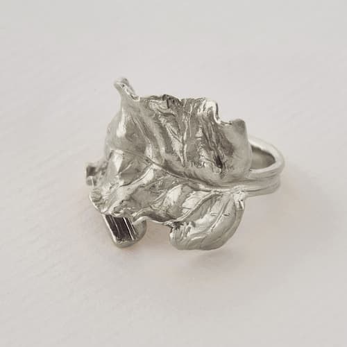 paper shot of a gold plated Wrapped Chard Leaf Ring by Alex Monroe Jewellery