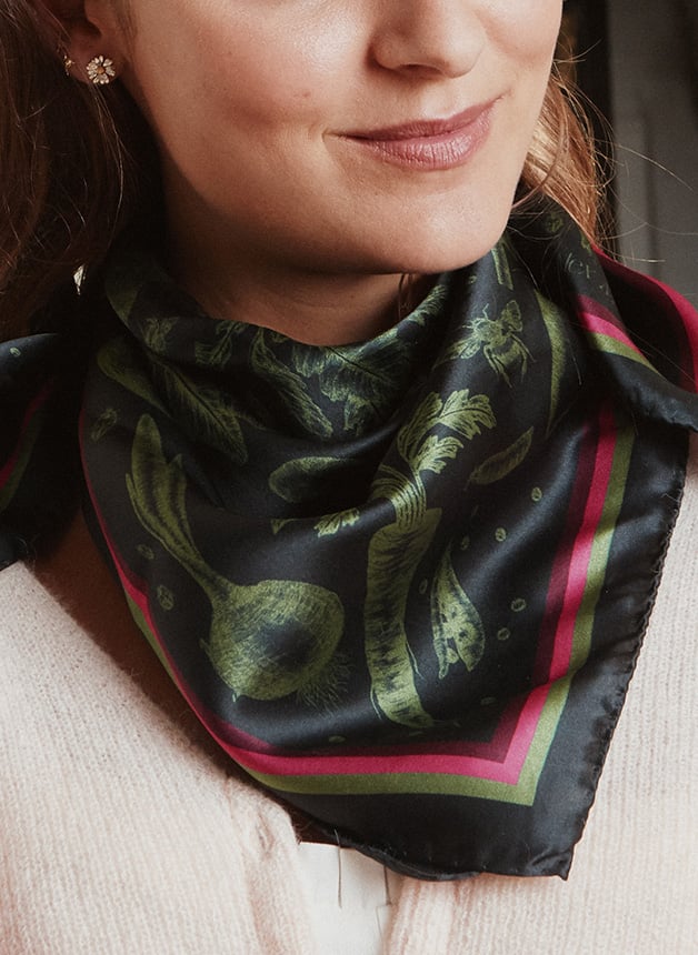 Model wearing Alex Monroe's new Potager scarf